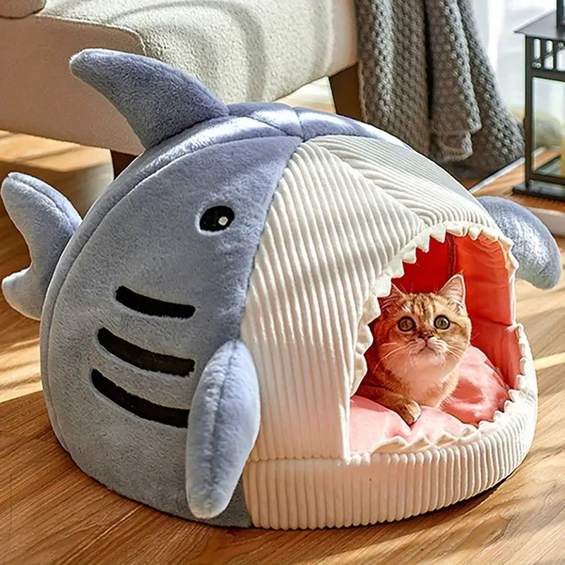 Wholesale Shark Shape Cat Beds Warm Furry Cat House Cozy Furry Pet Beds for Cat and Dogs