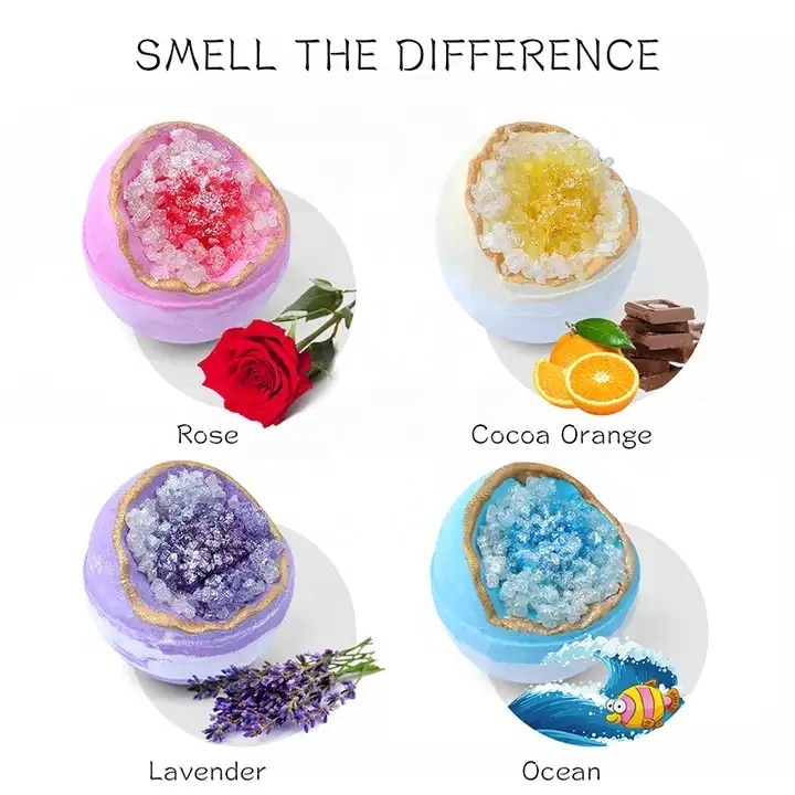 Luxury wholesale manufacturers bath sea salt  Natural Sea Salt Bath colorful fizzy organic shimmer crystal geode bath bomb