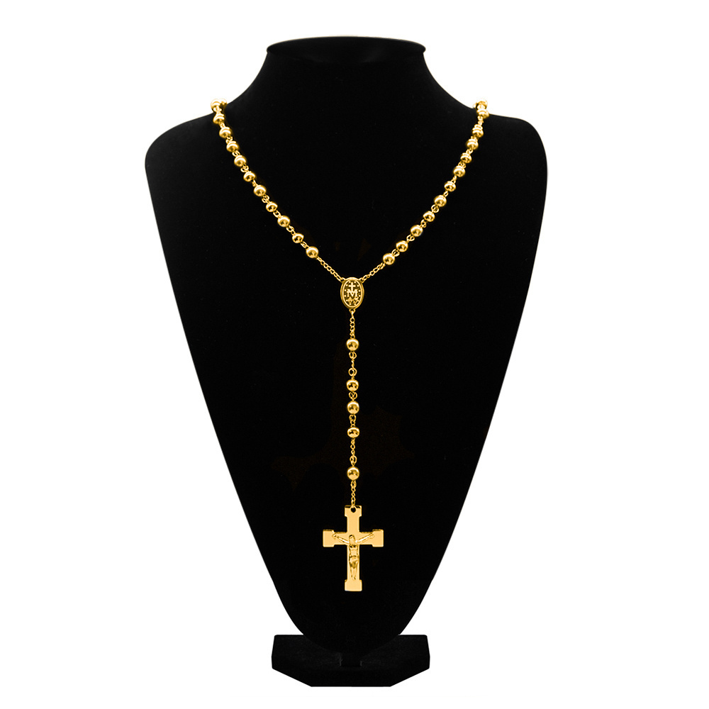 Wholesale Fashion 18k Gold Plated Stainless Steel Jesus Cross Pendant Chain Jewelry Rosary Beads Necklaces