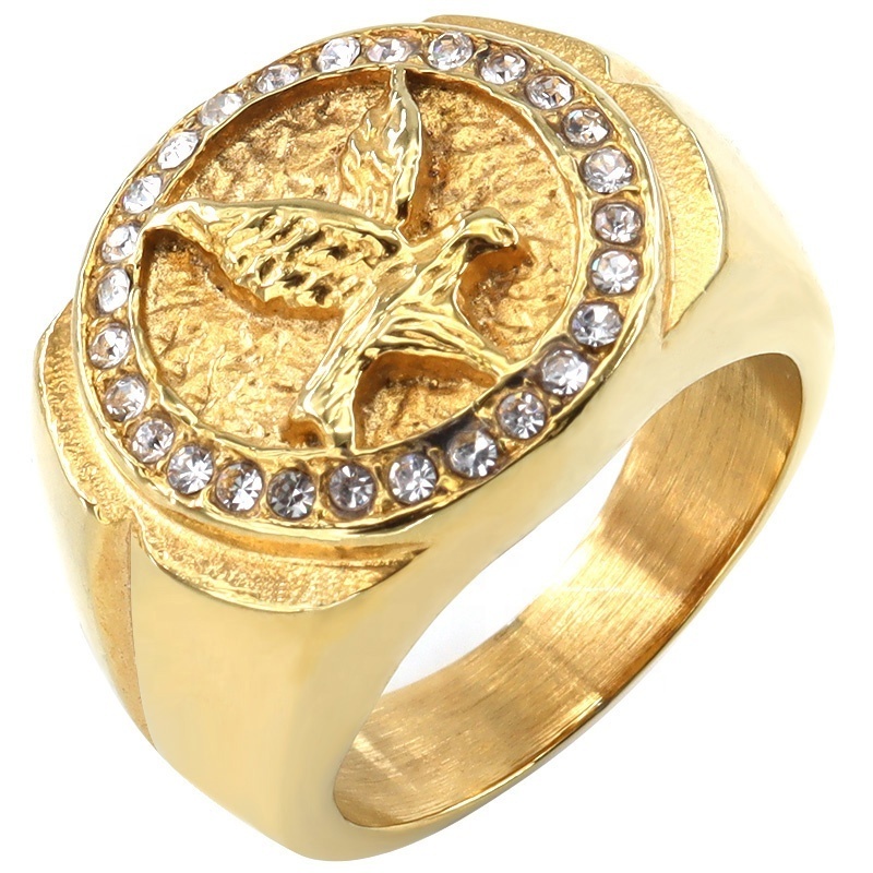 Stainless Steel 18K Gold Ring Religious Jesus Letter Eagle Cross Wedding Ring Women's Thick Crystal Diamond Ring