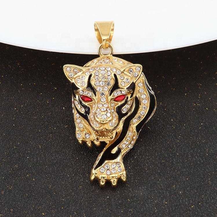 OEM Luxury Jewelry Big Zircon Crystal Leopard Pendant Necklace Stainless Steel  Jewelry Necklace Leopard Head Necklace