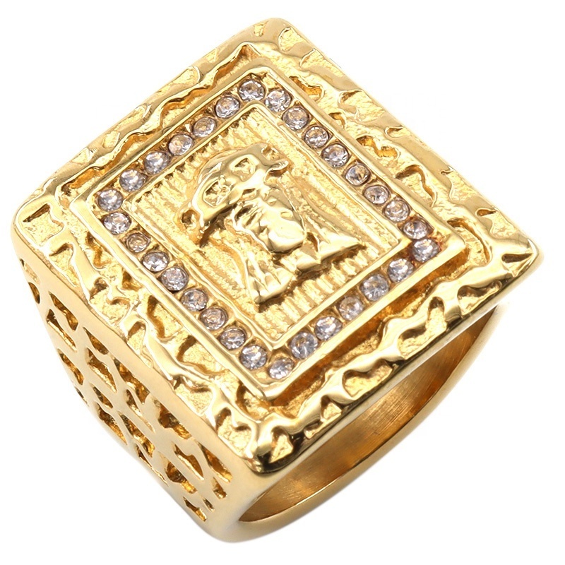 Stainless Steel 18K Gold Ring Religious Jesus Letter Eagle Cross Wedding Ring Women's Thick Crystal Diamond Ring