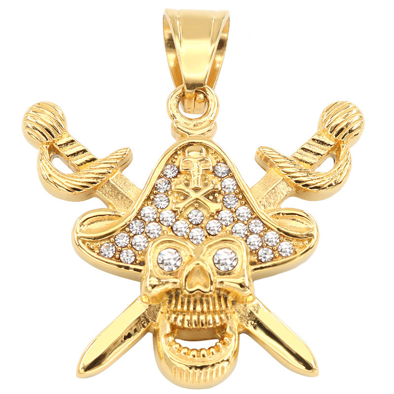 Fashion Hip Hop Jewelry Pendant Stainless Steel Iced Out 18K Gold PVD Plating Men's Cool Skull Pirate Pendant