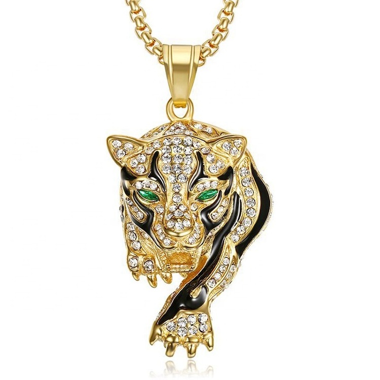 OEM Luxury Jewelry Big Zircon Crystal Leopard Pendant Necklace Stainless Steel  Jewelry Necklace Leopard Head Necklace