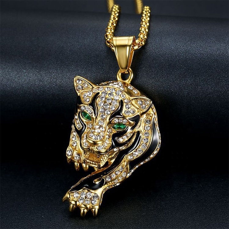 OEM Luxury Jewelry Big Zircon Crystal Leopard Pendant Necklace Stainless Steel  Jewelry Necklace Leopard Head Necklace