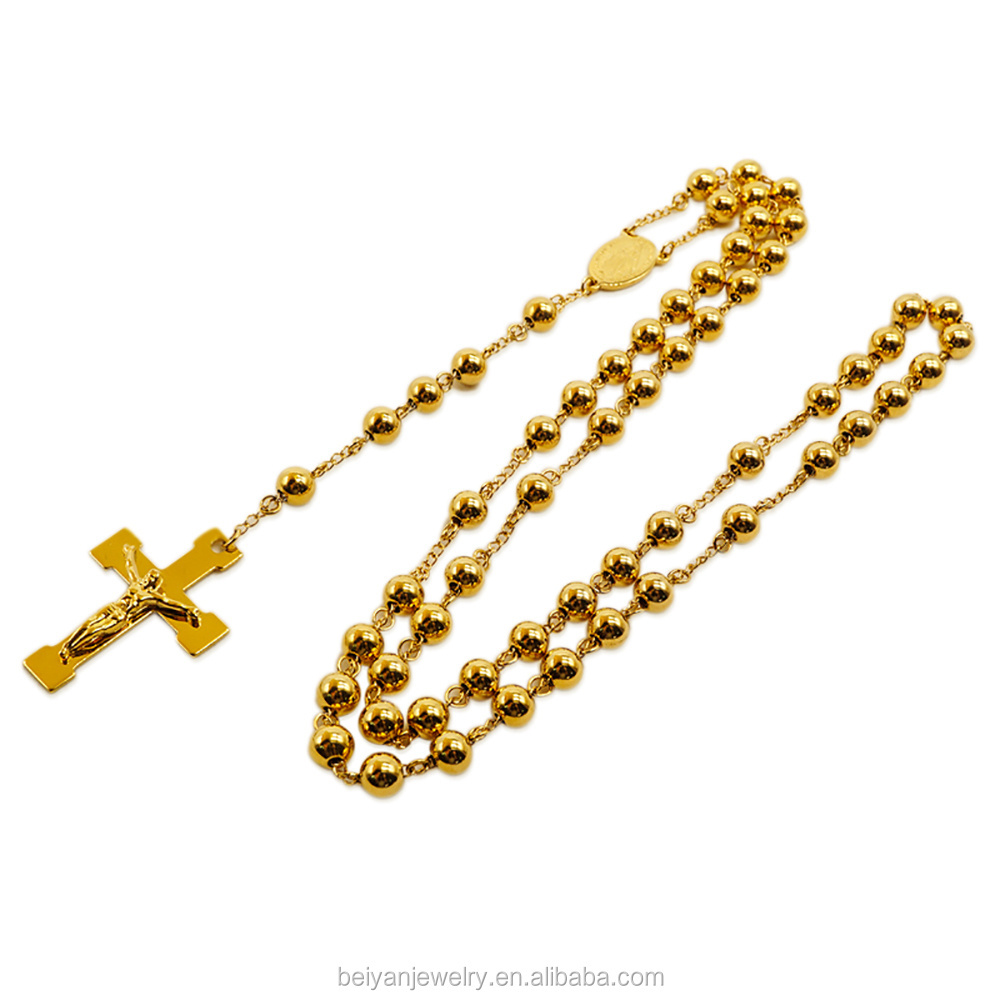 Wholesale Fashion 18k Gold Plated Stainless Steel Jesus Cross Pendant Chain Jewelry Rosary Beads Necklaces