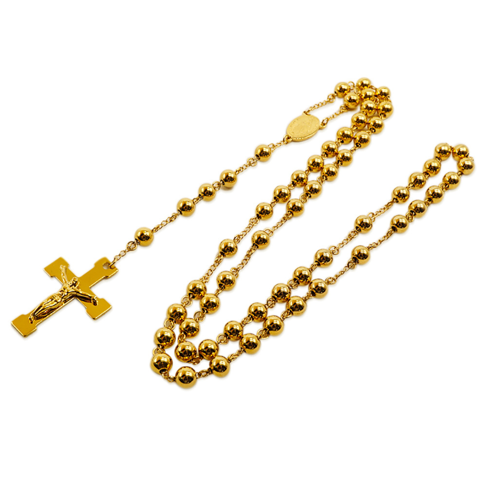 Wholesale Fashion 18k Gold Plated Stainless Steel Jesus Cross Pendant Chain Jewelry Rosary Beads Necklaces