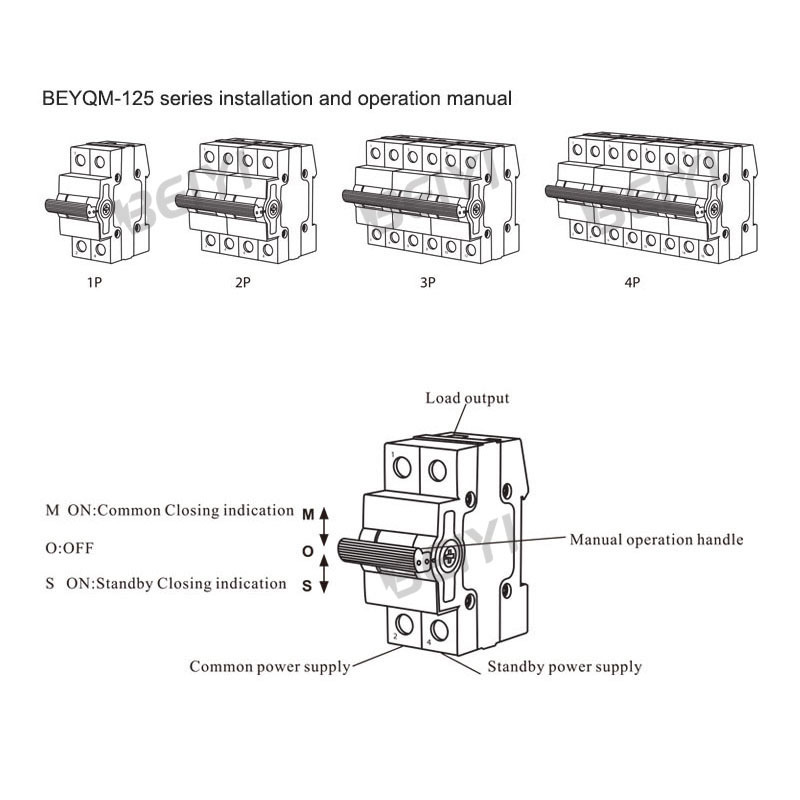 BEYQM-125 customized Manual type 50 amp change over switch 100 amp two pole 3p 4p manual circuit breaker transfer switch