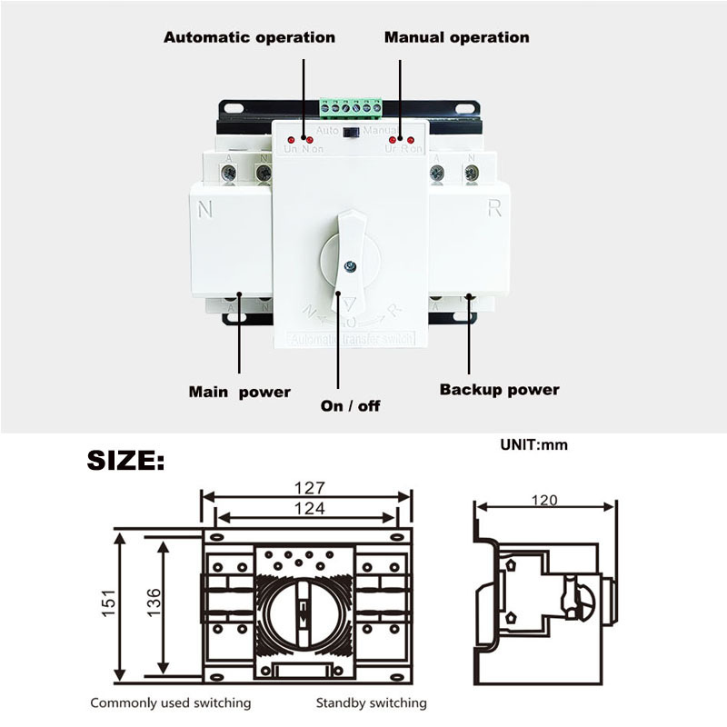 ATS mcb type dual power changeover switching ac 220v twin pole 100a 125 amp transfer switch automatic