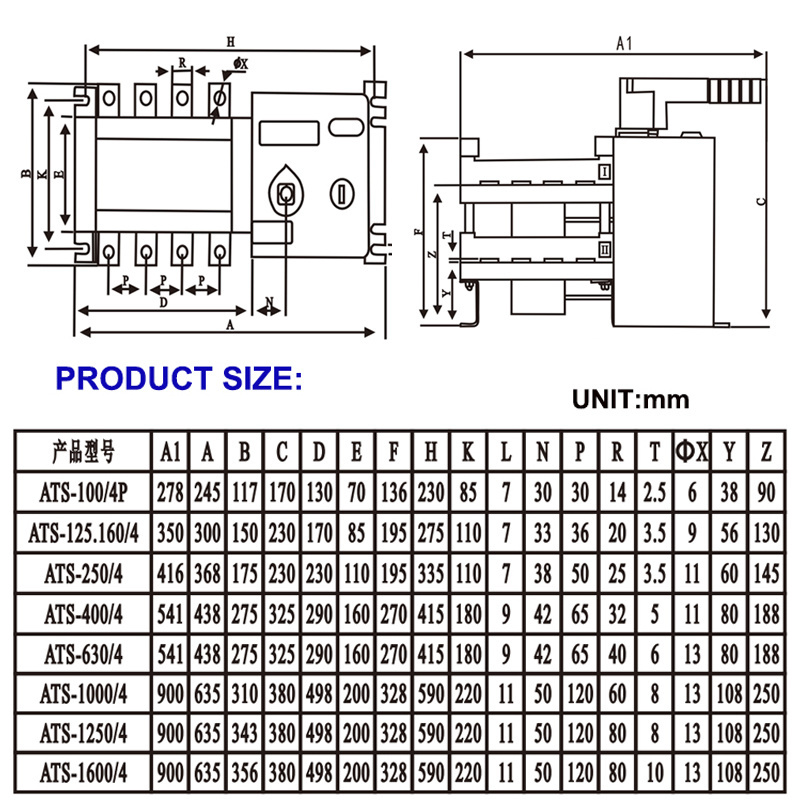 Best selling high grade ATSE 100a 250a 630a automatic transfer switch pc class 4 pole ats for generator