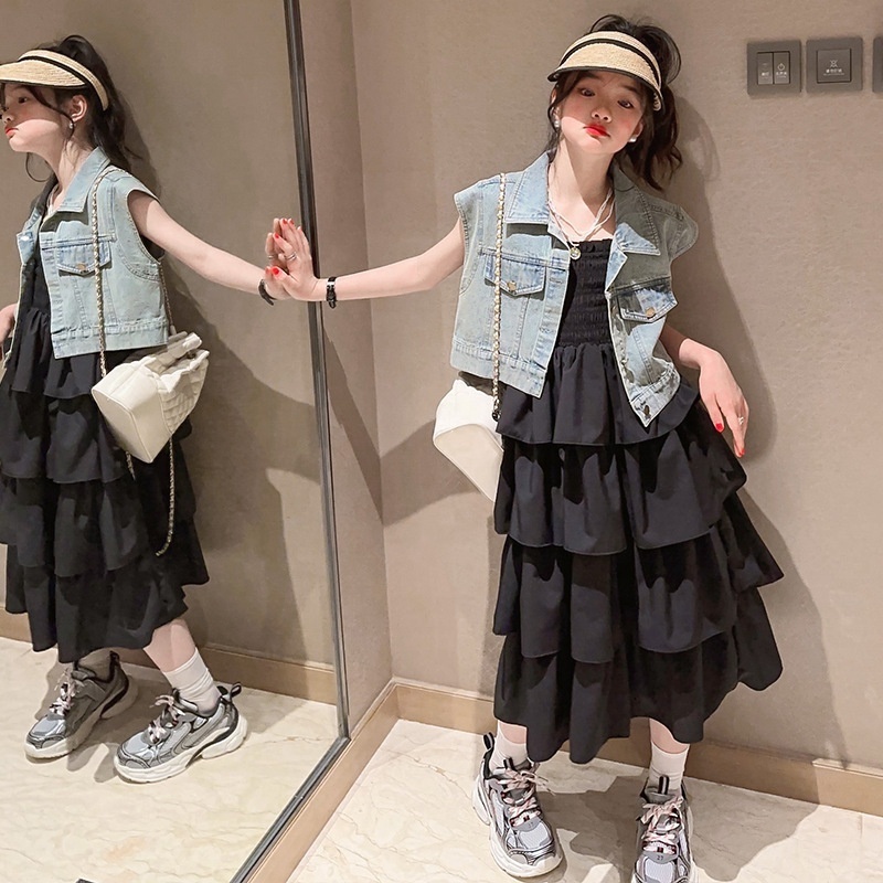 Summer new girl's clothing sling cake dress for girls kids sweet cool vest set children girl party princess dresses