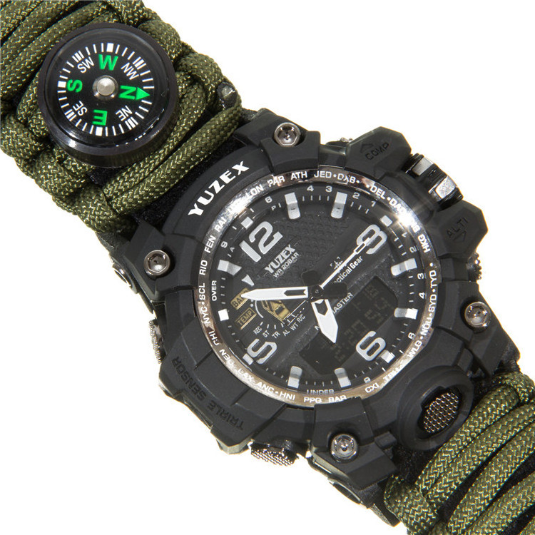 Men Watch Sport Watch Survival Watch Bracelet with Paracord/Whistle/Fire Starter/Scraper/Compass and Thermometer 6 in 1