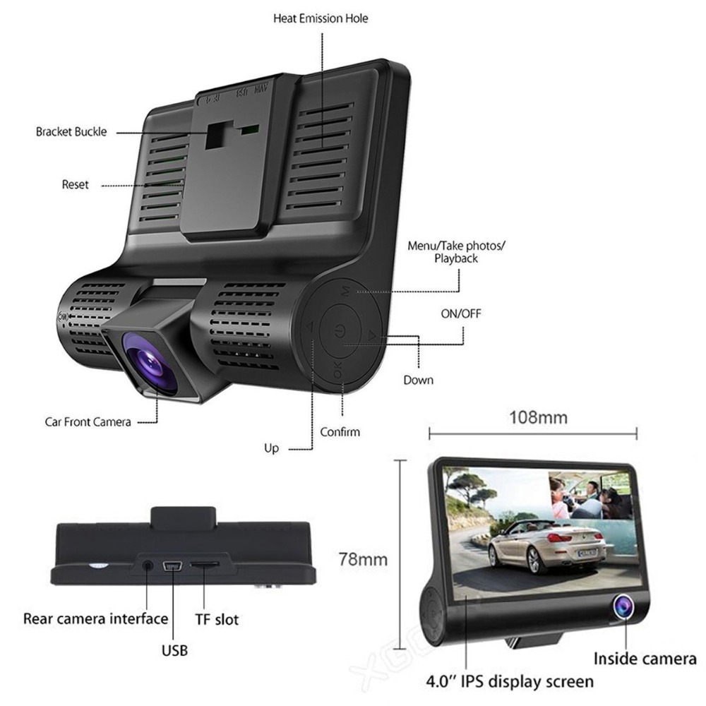 4.0 Inch 3 Lens Car Black Box HD 1080P Dash Cam 170 Degree Wide Angle Car Camera DVR Video Recorder Dashcam