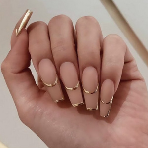 OEM Medium Long Coffin Natural Nude French Tip Press on Nails Acrylic Ballet False Stick On Nails with Gold Foil Striped Design