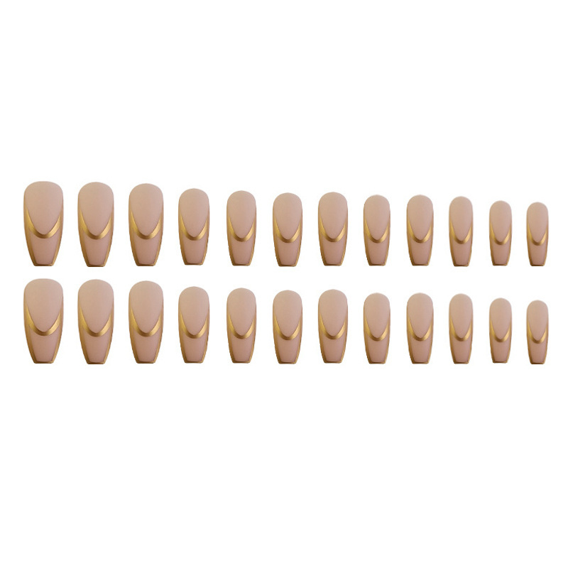 OEM Medium Long Coffin Natural Nude French Tip Press on Nails Acrylic Ballet False Stick On Nails with Gold Foil Striped Design