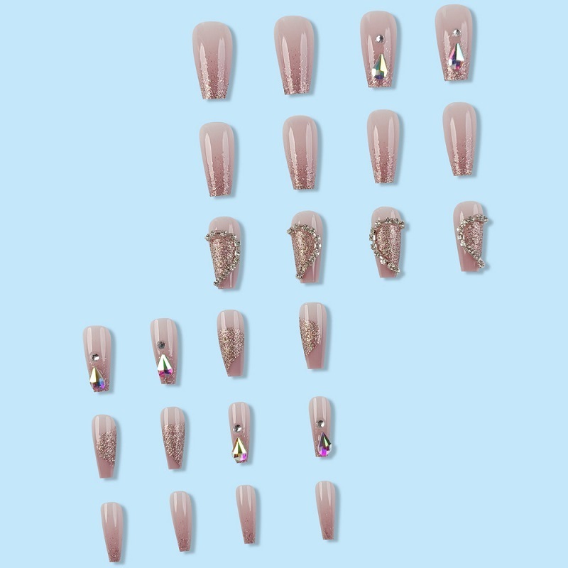 OEM Acrylic Long Square Press on Nails French Glossy False Nails Full Cover Pink Nude Rhinestones Design Glue on Nails