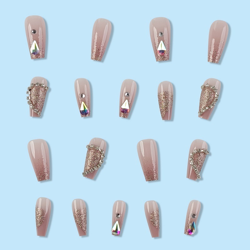 OEM Acrylic Long Square Press on Nails French Glossy False Nails Full Cover Pink Nude Rhinestones Design Glue on Nails