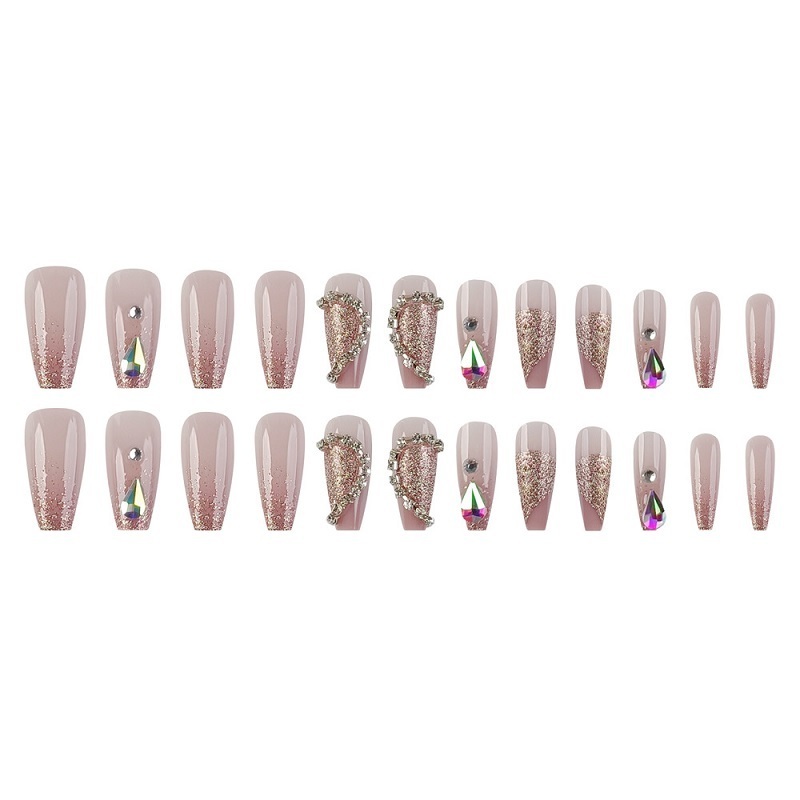 OEM Acrylic Long Square Press on Nails French Glossy False Nails Full Cover Pink Nude Rhinestones Design Glue on Nails