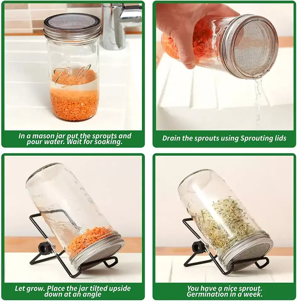 Sprouting Jar Kit 304 Stainless Steel Screen Sprout Lids Melamine Tray Stand for Wide Mouth Quart Mason Jars