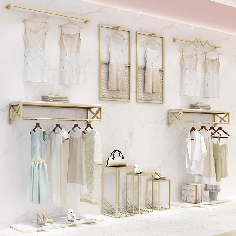 Space-saving Square Gold Metal Retail Clothing Display Rack Shop Fitting Clothes Display Racks Wall Mounted Garment Rack