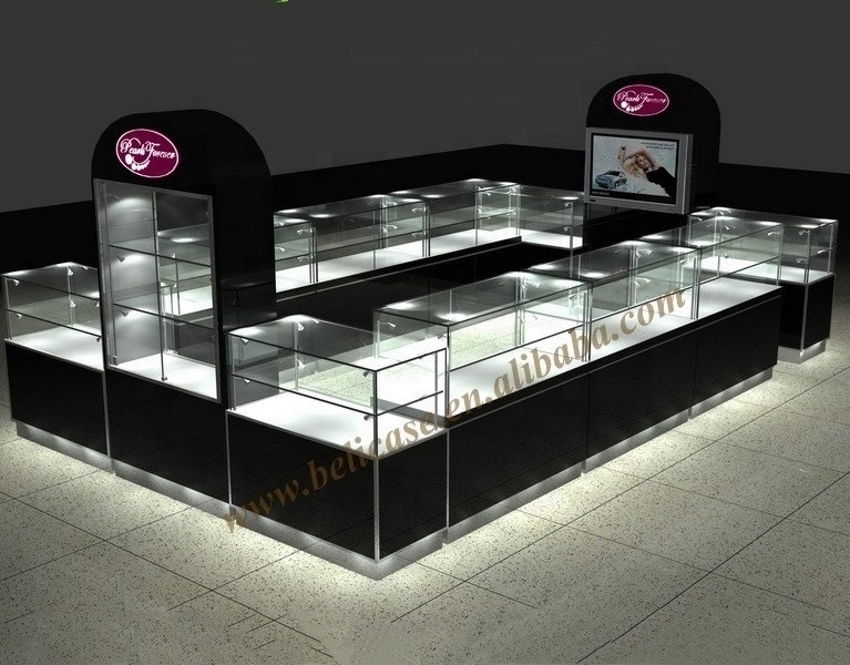 Glass Jewelry display island  jewellery  kiosk for mall wooden perfume kiosk with light mall kiosk design idea