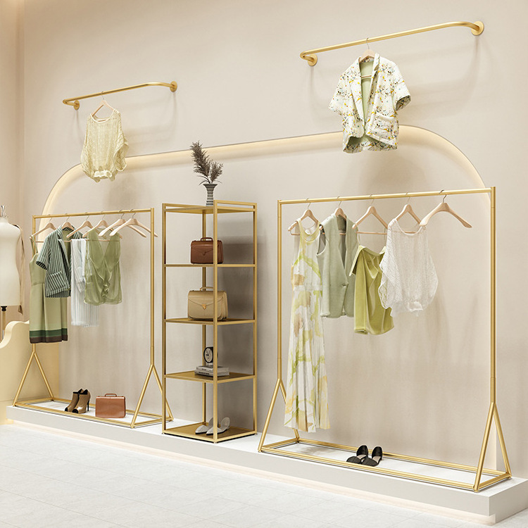 Fashion Boutique Gold Garment Wall Mounted Hanging Shelves Clothes Shop Furniture Metal Clothing Display Racks Shelf