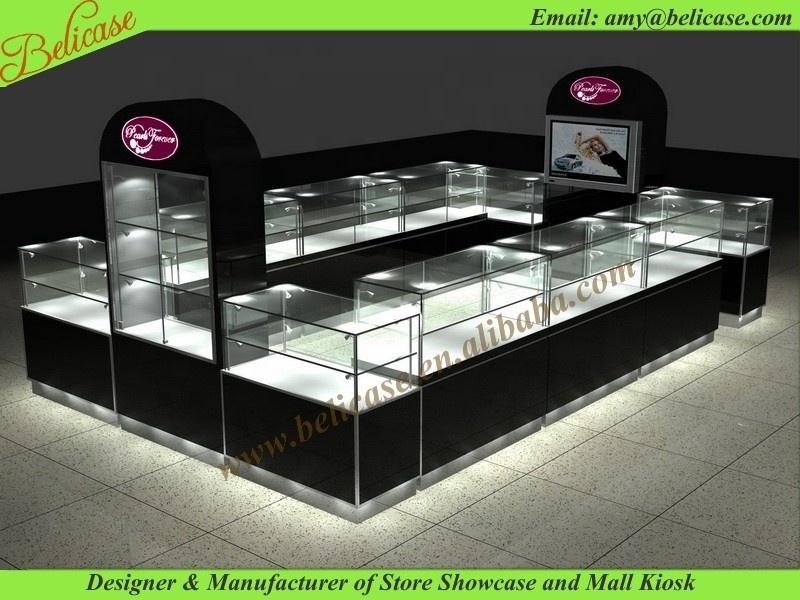 Glass Jewelry display island  jewellery  kiosk for mall wooden perfume kiosk with light mall kiosk design idea