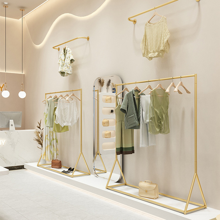 Fashion Boutique Gold Garment Wall Mounted Hanging Shelves Clothes Shop Furniture Metal Clothing Display Racks Shelf