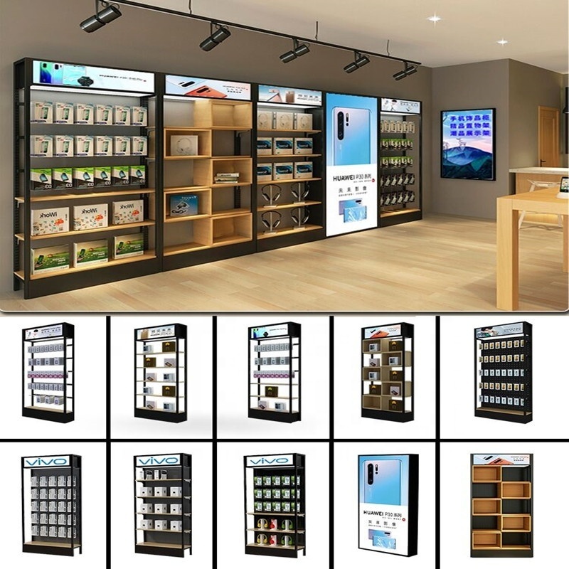 Cell Phone Accessory Counter Wall Iron Display Cabinet Mobile Electronic Parts Metal Wood Combination Shelf Display Stand Rack