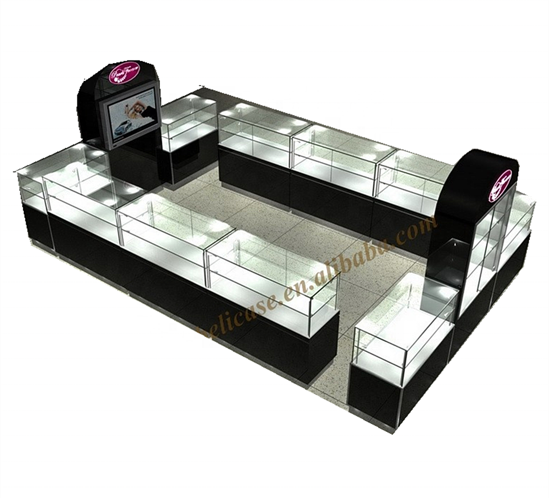 Glass Jewelry display island  jewellery  kiosk for mall wooden perfume kiosk with light mall kiosk design idea