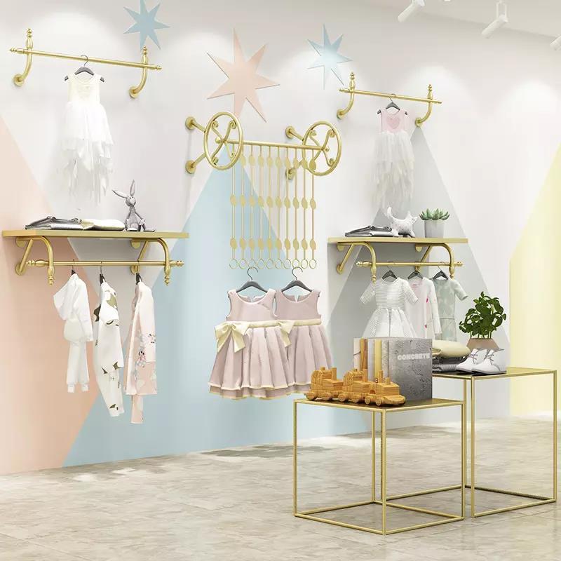 Space-saving Square Gold Metal Retail Clothing Display Rack Shop Fitting Clothes Display Racks Wall Mounted Garment Rack