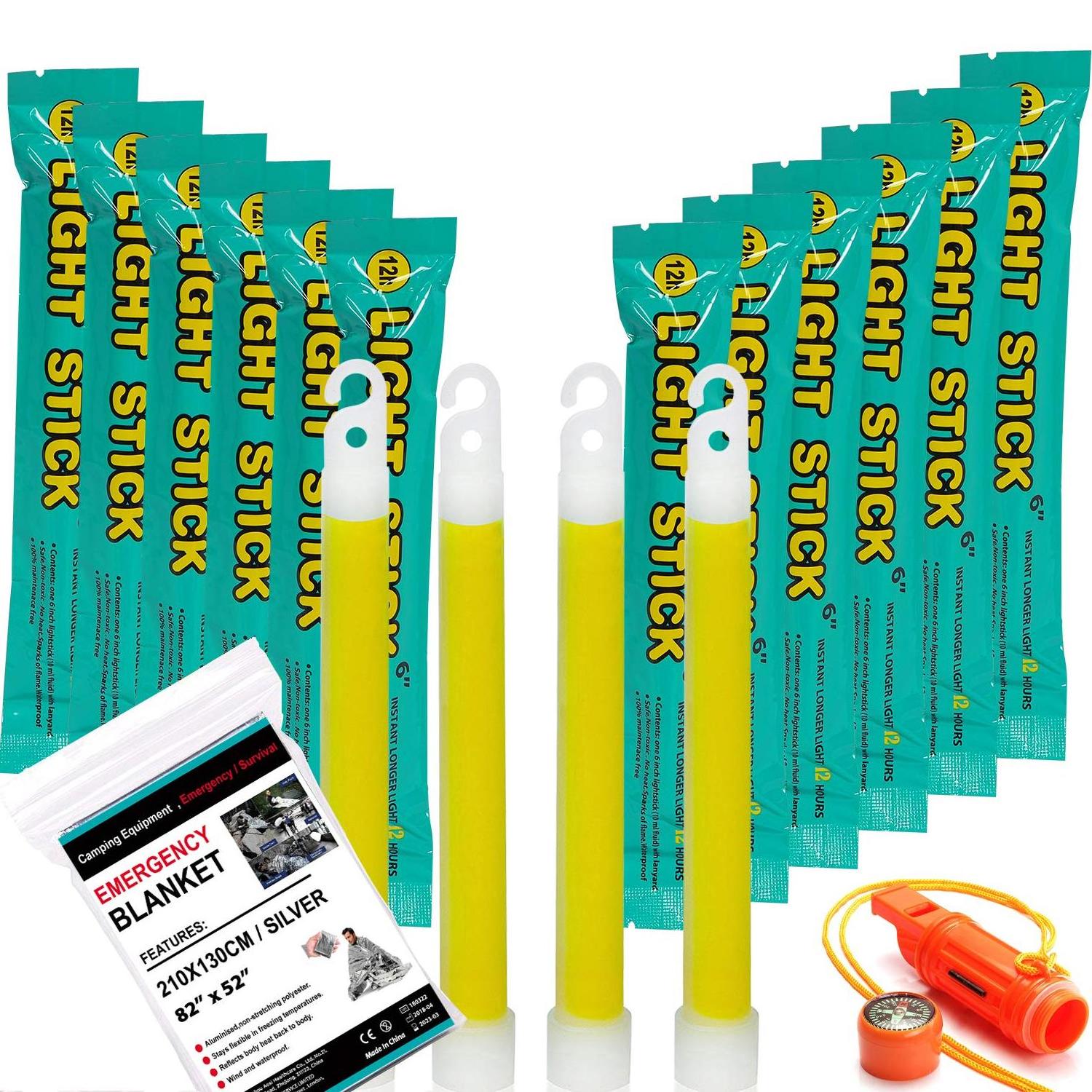 12 Emergency lighting stick Ultra Bright Yellow Glow Snap Light Sticks Bonus Emergency Blanket and Survival Whistle