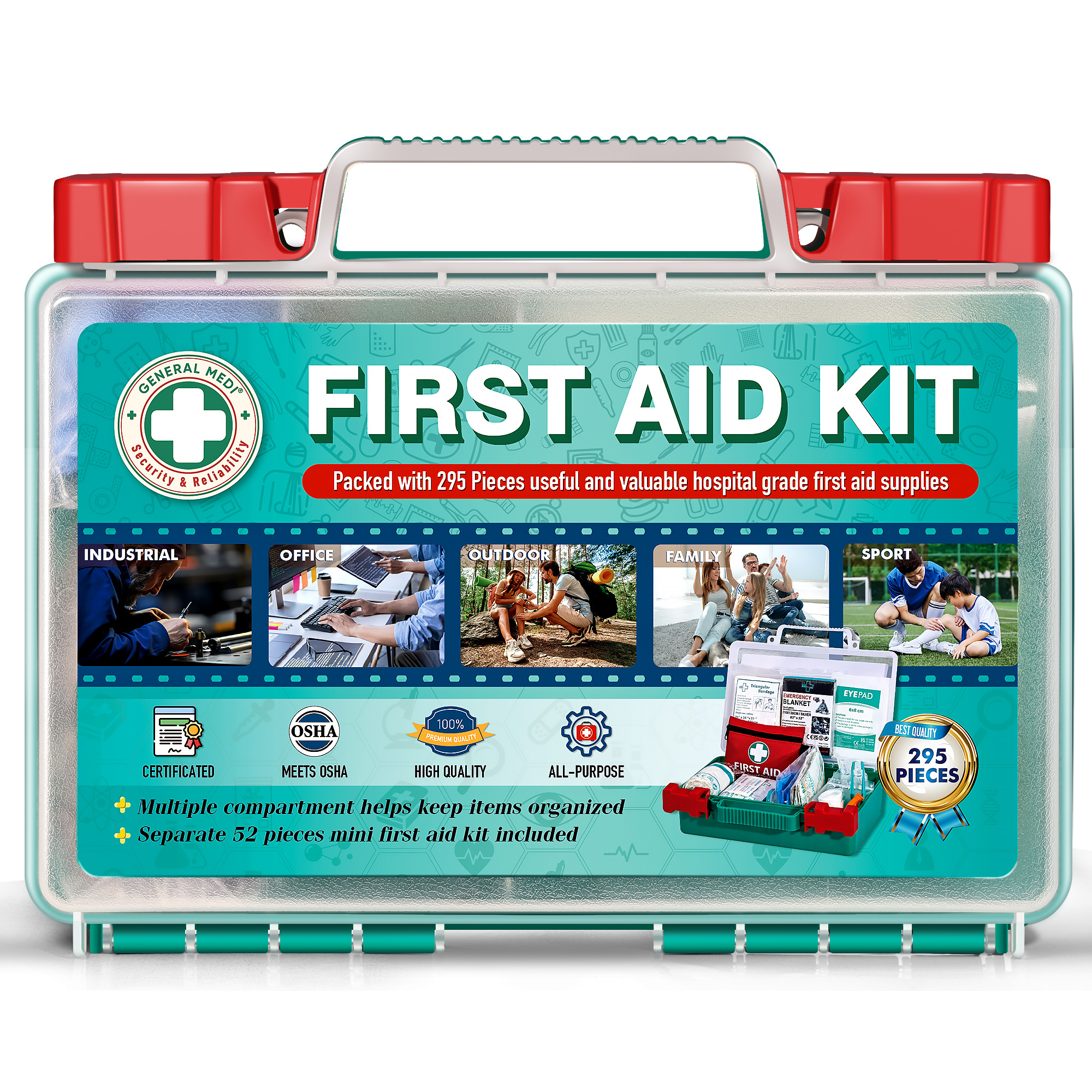 Hot Sale Factory 295PCS Portable First Aid Kit Box Medical Outdoor Survival Kit Emergency First Aid Kit