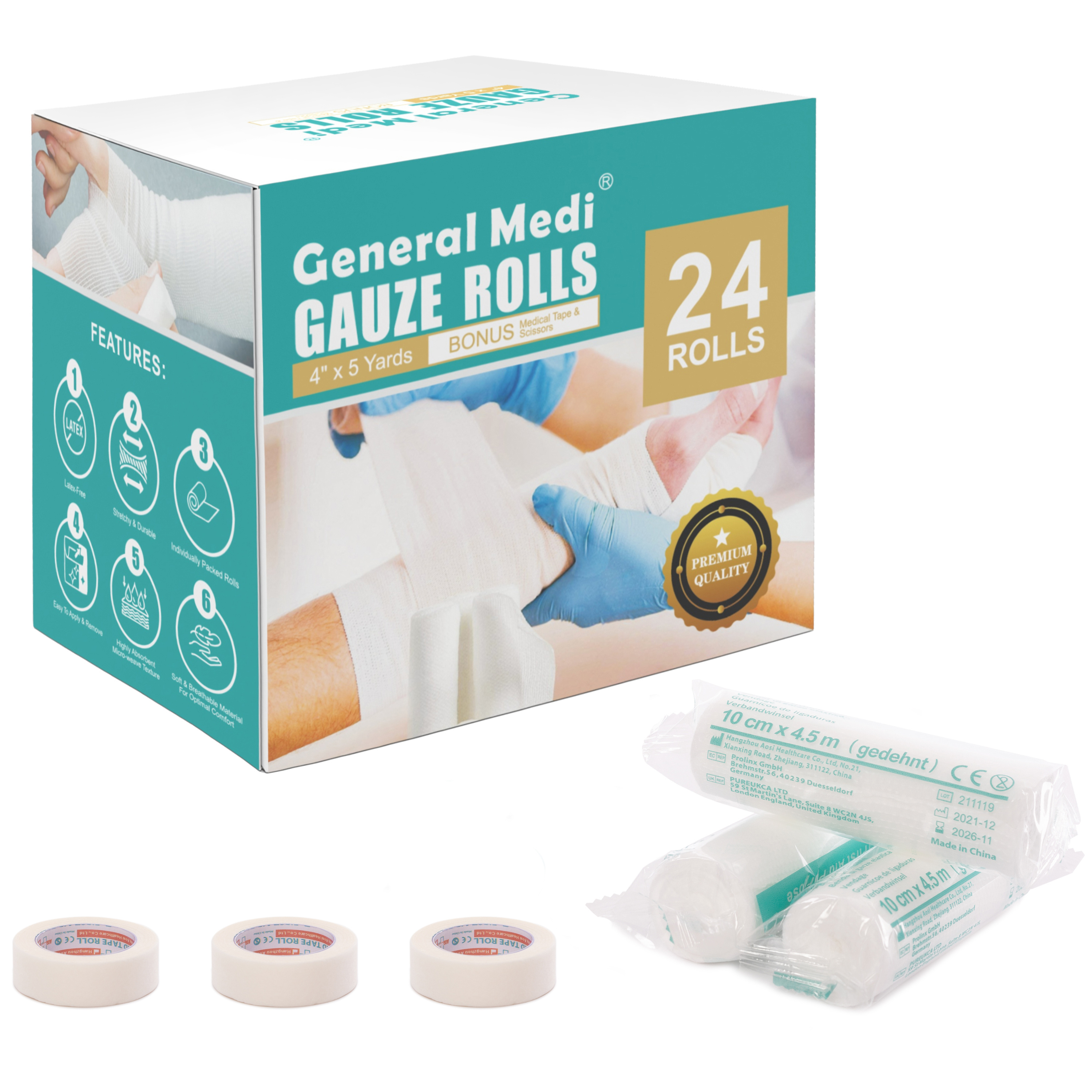 24 Count Medical Gauze Bandage Roll 100% Cotton Breathable Steril Latex-free Gauze Roll First Aid Kit Emergency Medical Supplies