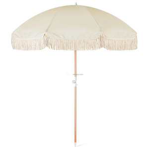 Portable 8 Feet, Vintage Boho  Pole Canvas Yellow Fringe Sun Outdoor Parasols Beach Wooden Umbrellas With Tassels