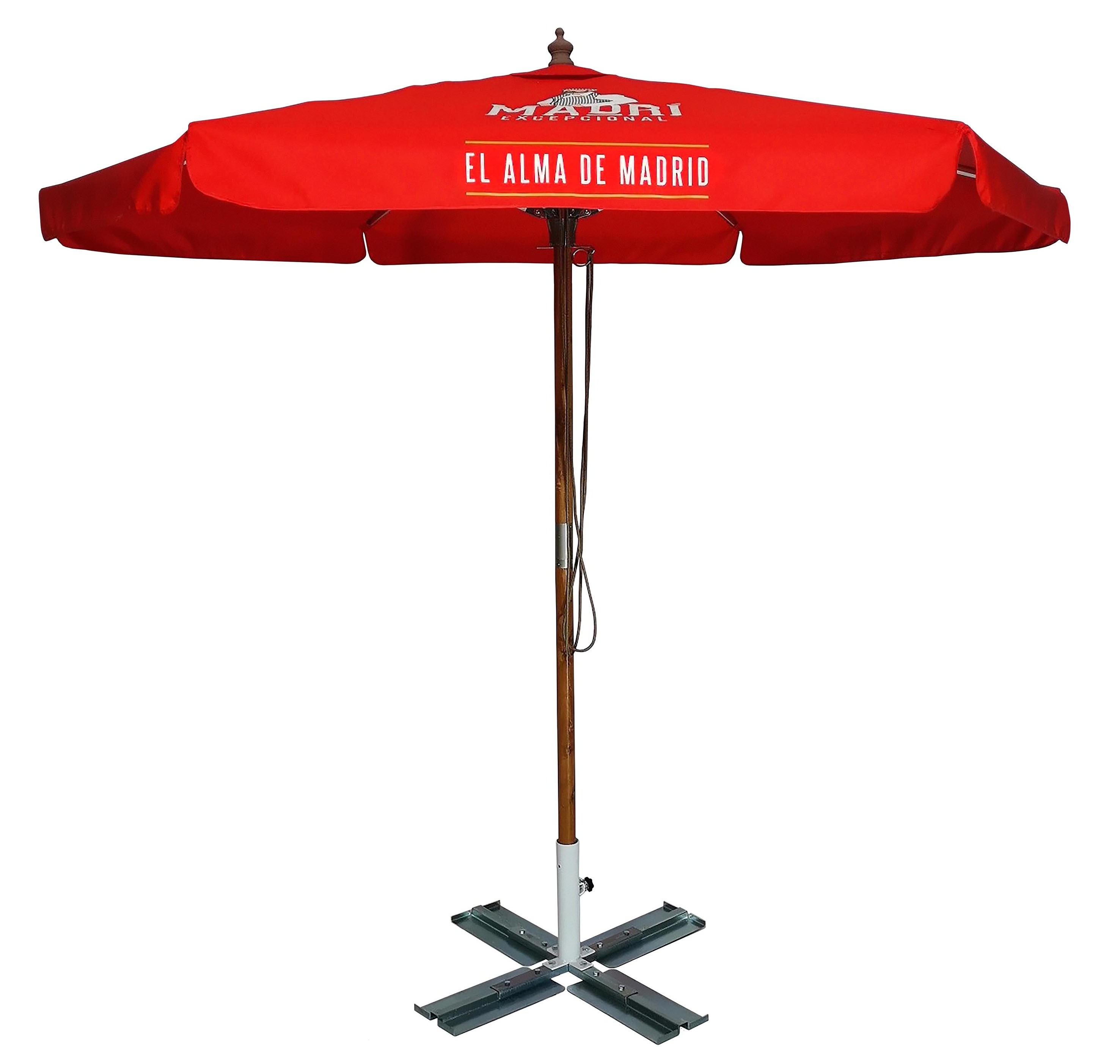 Waterproof Parasol Umbrella Push Open Pin Stop Indonesia Hardwood 210G Polyester Sun Shade Customized Outdoor Wooden Umbrella