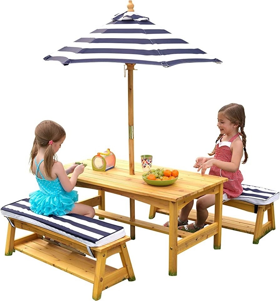 2023 Best-selling Manufacturer OEM ODM Outdoor Furniture Set Patio wooden Tables and Bench with Umbrella for Picnic