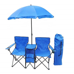 Outdoor Steel Portable Folding Camping Chair Portable Double Cooler Chair With Umbrella Carrying Bag