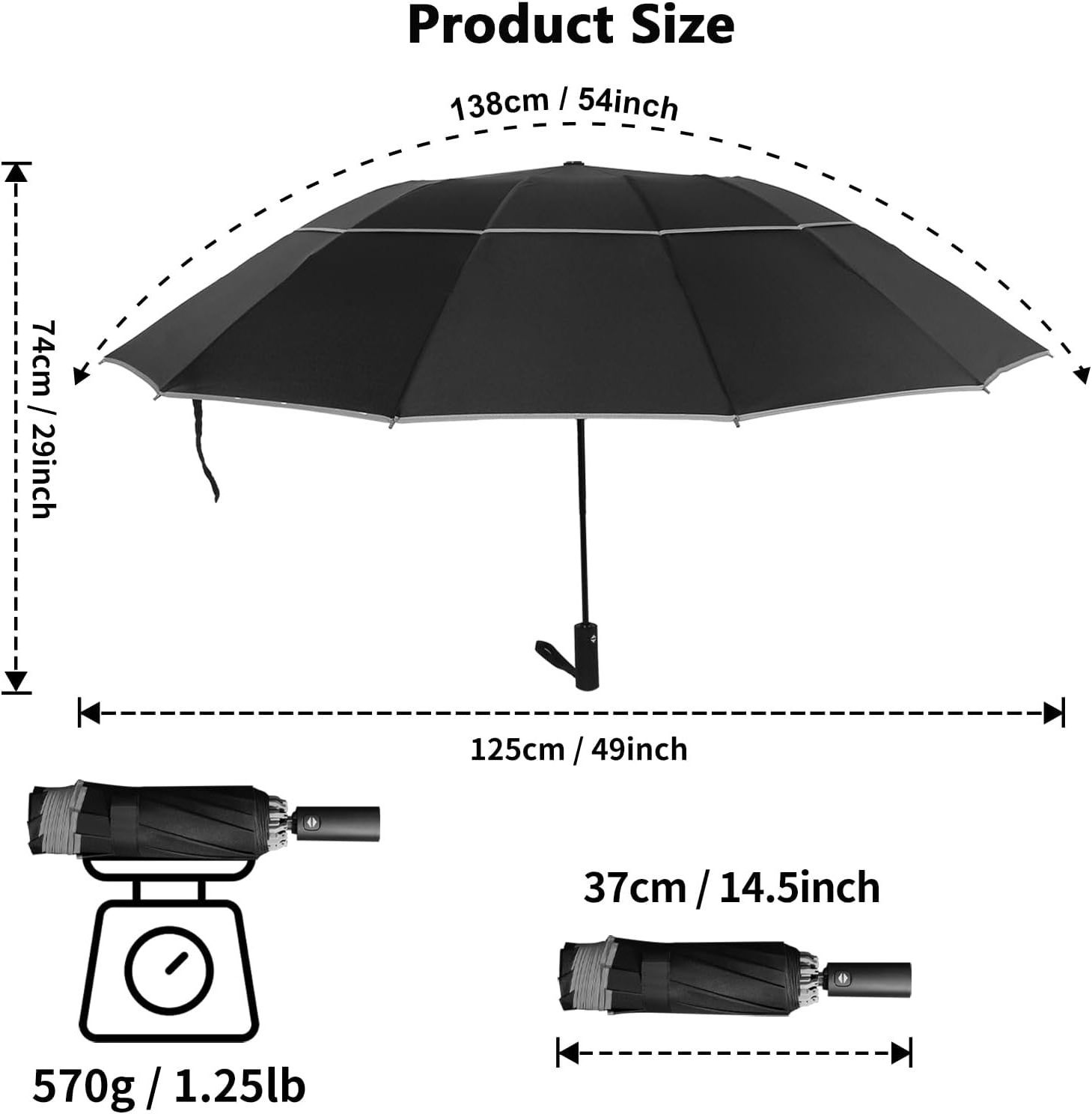 54 Inch Inverted for Rain, Automatic Windproof 12 Ribs Golf Umbrella  Double Canopy Vented Reverse Folding Umbrella for Travel