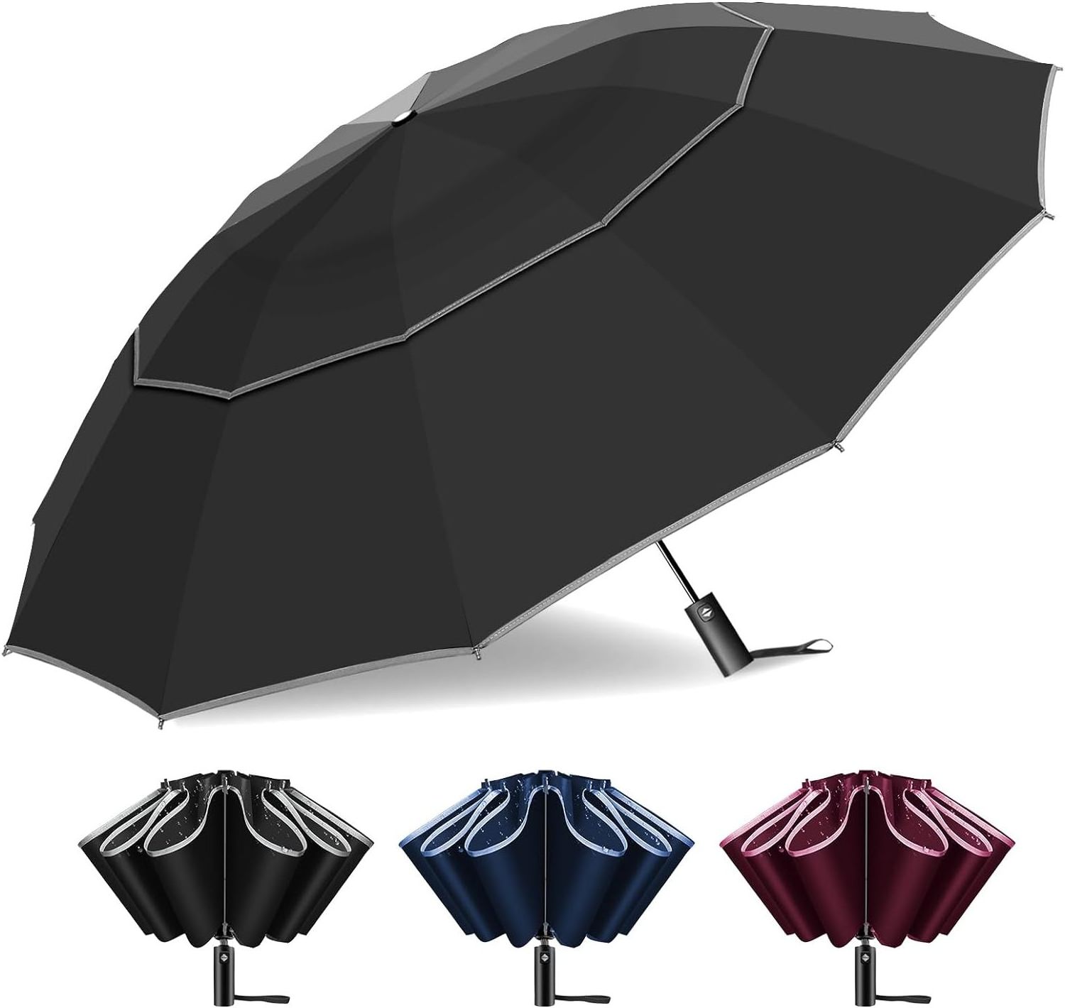 125cm Rain Automatic Windproof 12 Ribs Golf Umbrella for Double Canopy Vented Reverse Folding Umbrella for Travel