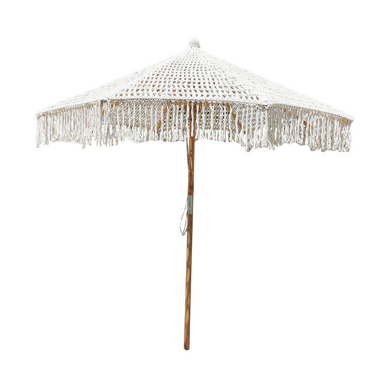 2023 Manufacturer Bohemia cotton Outdoor Patio Macrame Parasols Beach Wood Umbrella 2.5mm wooden pole European Style