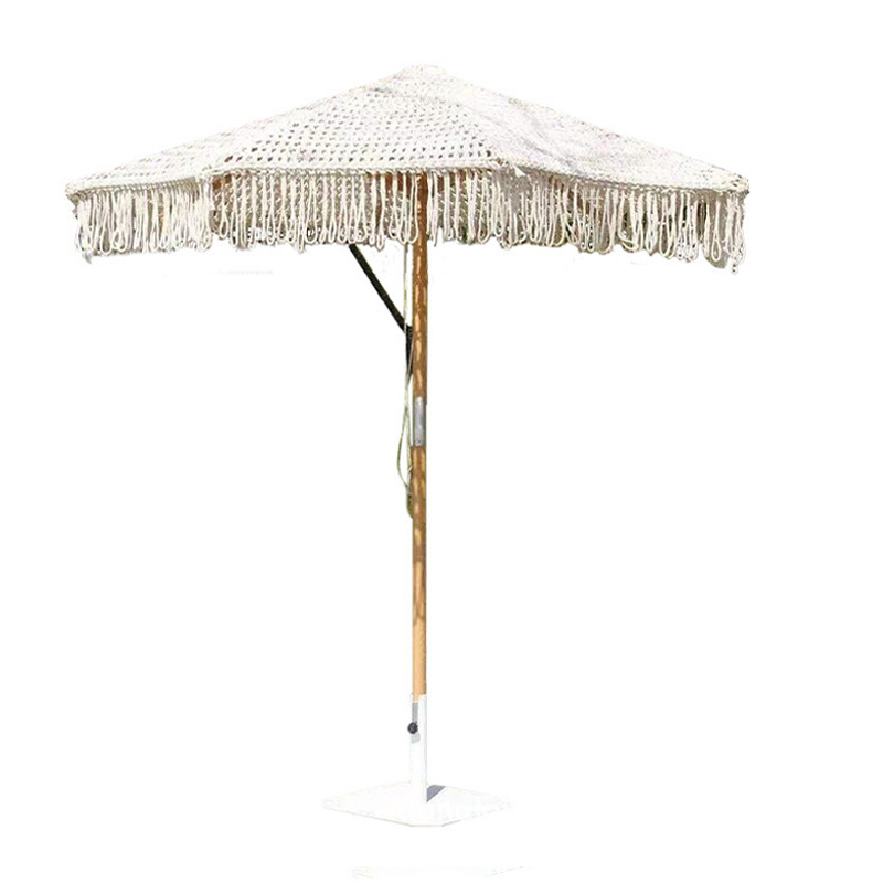 2023 Manufacturer Bohemia cotton Outdoor Patio Macrame Parasols Beach Wood Umbrella 2.5mm wooden pole European Style