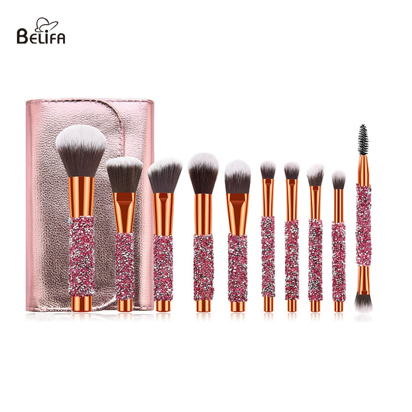 Belifa Bling Crystal Handle Diamond Makeup Brushes 10pcs Wholesale Fur Glitter foundation brush set with PU bag makeup brushes