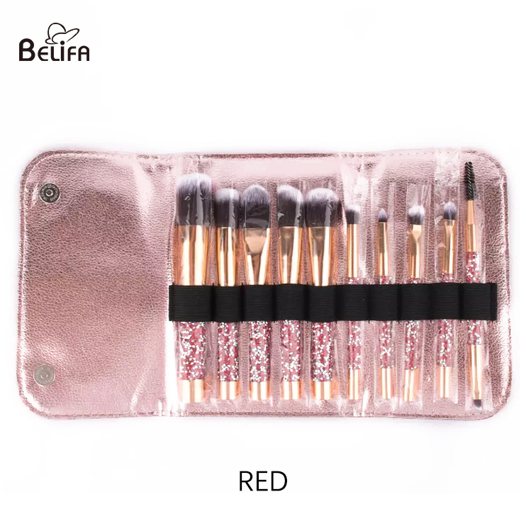 Belifa Bling Crystal Handle Diamond Makeup Brushes 10pcs Wholesale Fur Glitter foundation brush set with PU bag makeup brushes