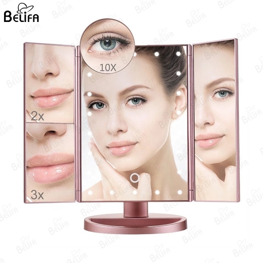 1x 2x 3x 10x trifold magnification touch switch cosmetic portable vanity table make up makeup mirror with led light for make-up