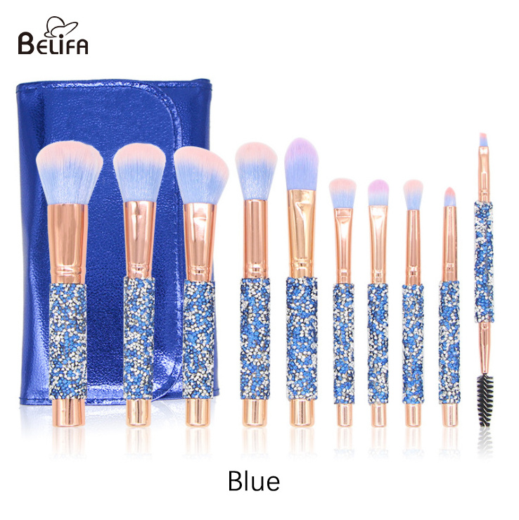 Belifa Bling Crystal Handle Diamond Makeup Brushes 10pcs Wholesale Fur Glitter foundation brush set with PU bag makeup brushes