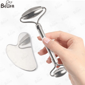 OEM/ODM Custom facial massage roller ice stainless steel facial roller face scrapper gua sha stainless steel gua sha set