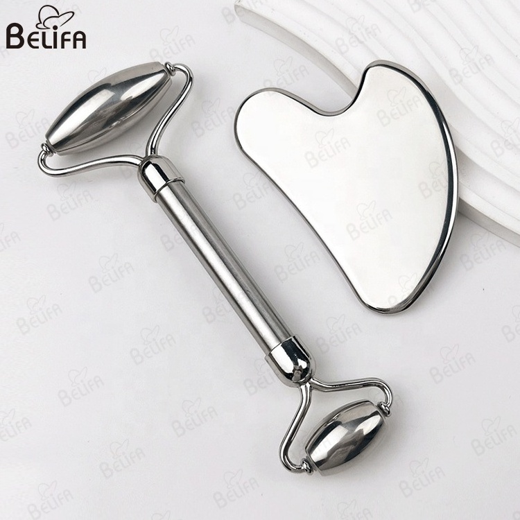 Body Facial Massage Gua Sha Tool Stainless Steel Guasha Set for Gusha Board Scraper and Roller In Box