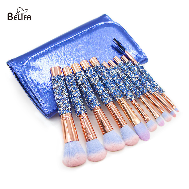 Belifa Bling Crystal Handle Diamond Makeup Brushes 10pcs Wholesale Fur Glitter foundation brush set with PU bag makeup brushes