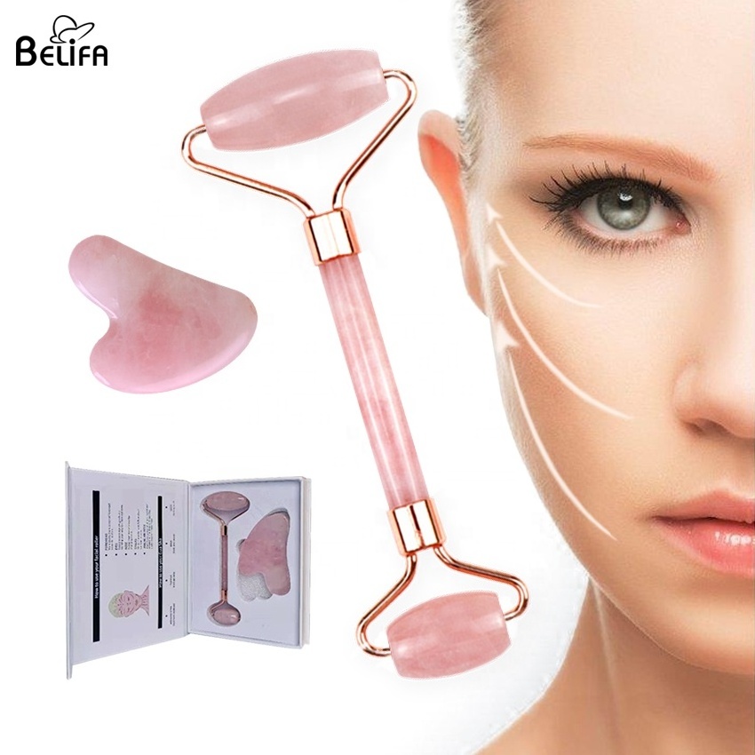 rose original natural real quartz jade roller scraping plate board facial massage jade roller gua sha stone box set